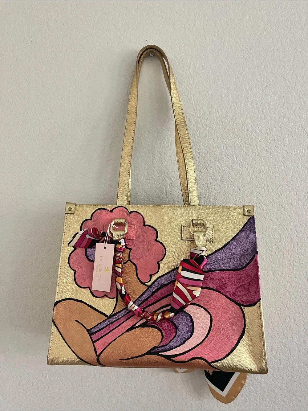 🔥New Gold Tote Bag with Pink & Purple Art Illustration🔥